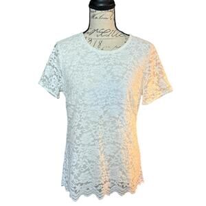 Teddi Rose White Floral Lace Layered Short Sleeve Shirt Medium